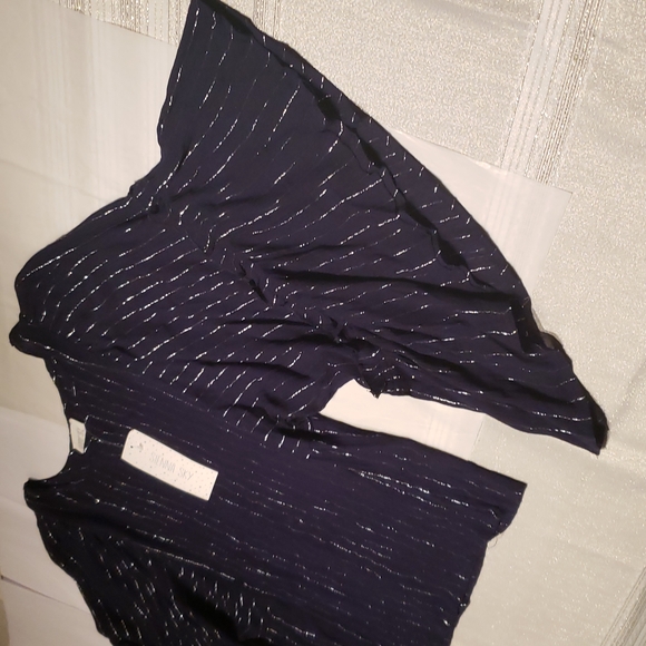 Sienna Sky NEW Blouse Top Back Buttons Metallic Lurex Stripe Dark NAVY Women's - Picture 15 of 16